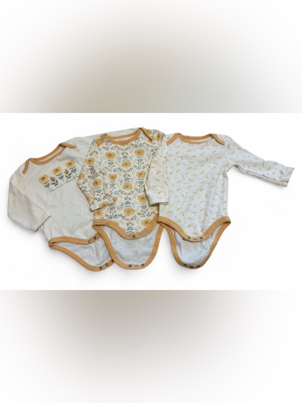 chick pea Yellow Floral Trim Long-Sleeve Baby Bodysuit Set - 3 Pack